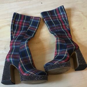 Betsey Johnson Multicolor Plaid Heeled Boots rhinestone glam rock platform tall